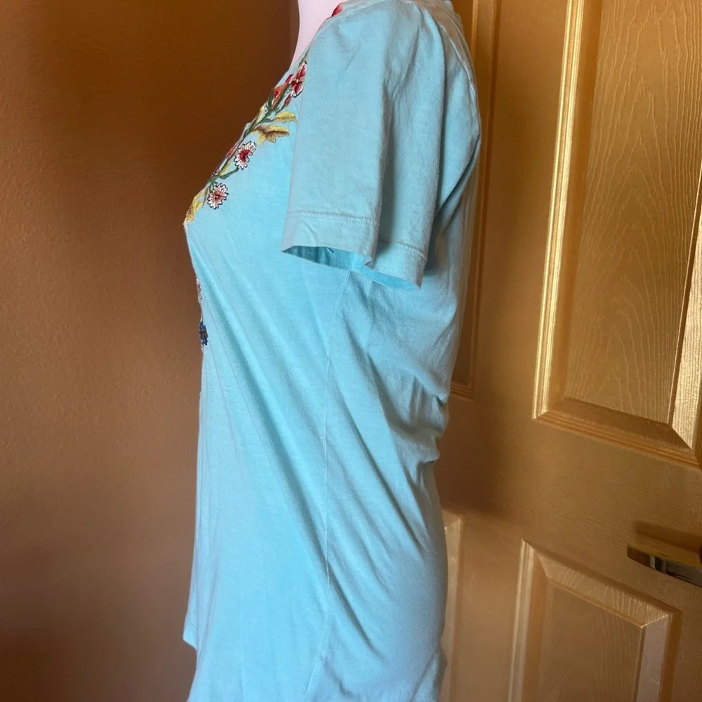 Johnny Was Embroidered Scoop Neck Short Sleeve Top - Aqua - Picture 6 of 8